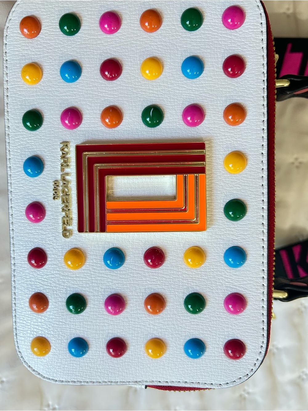 Karl Lagerfeld White Multicolor Stud Mini Camera Bag satchel with Logo Strap - Picture 2 of 6